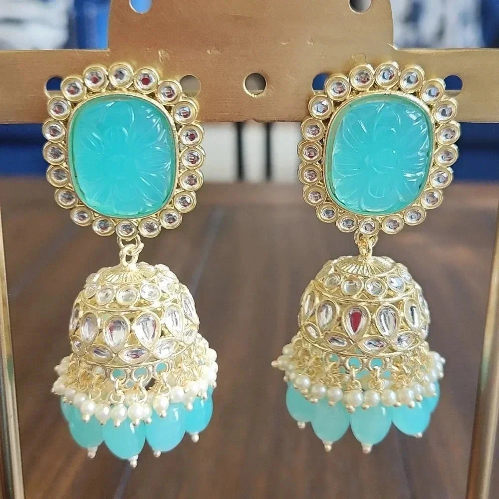 Bollywood Style Carved Blue and Gold Jhumkas